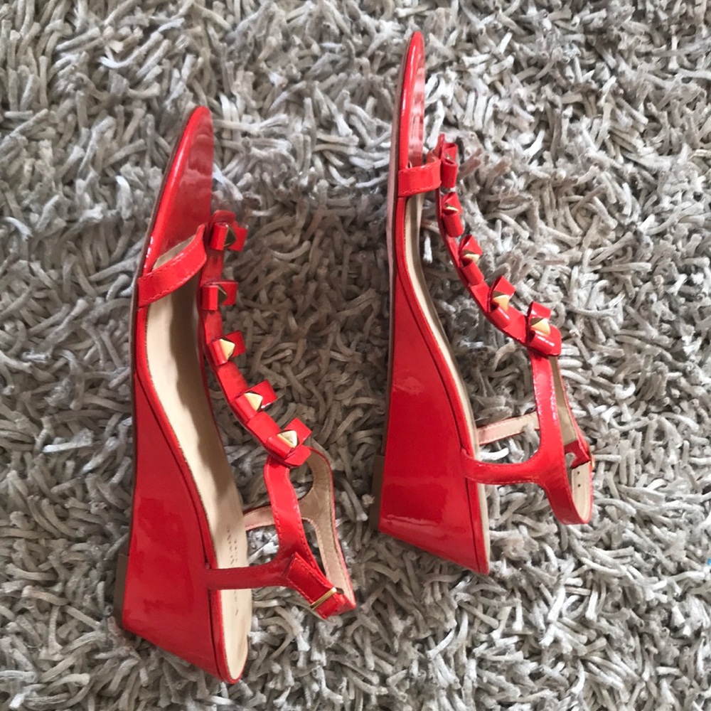 Kate Spade neon orange patent wedge sandals